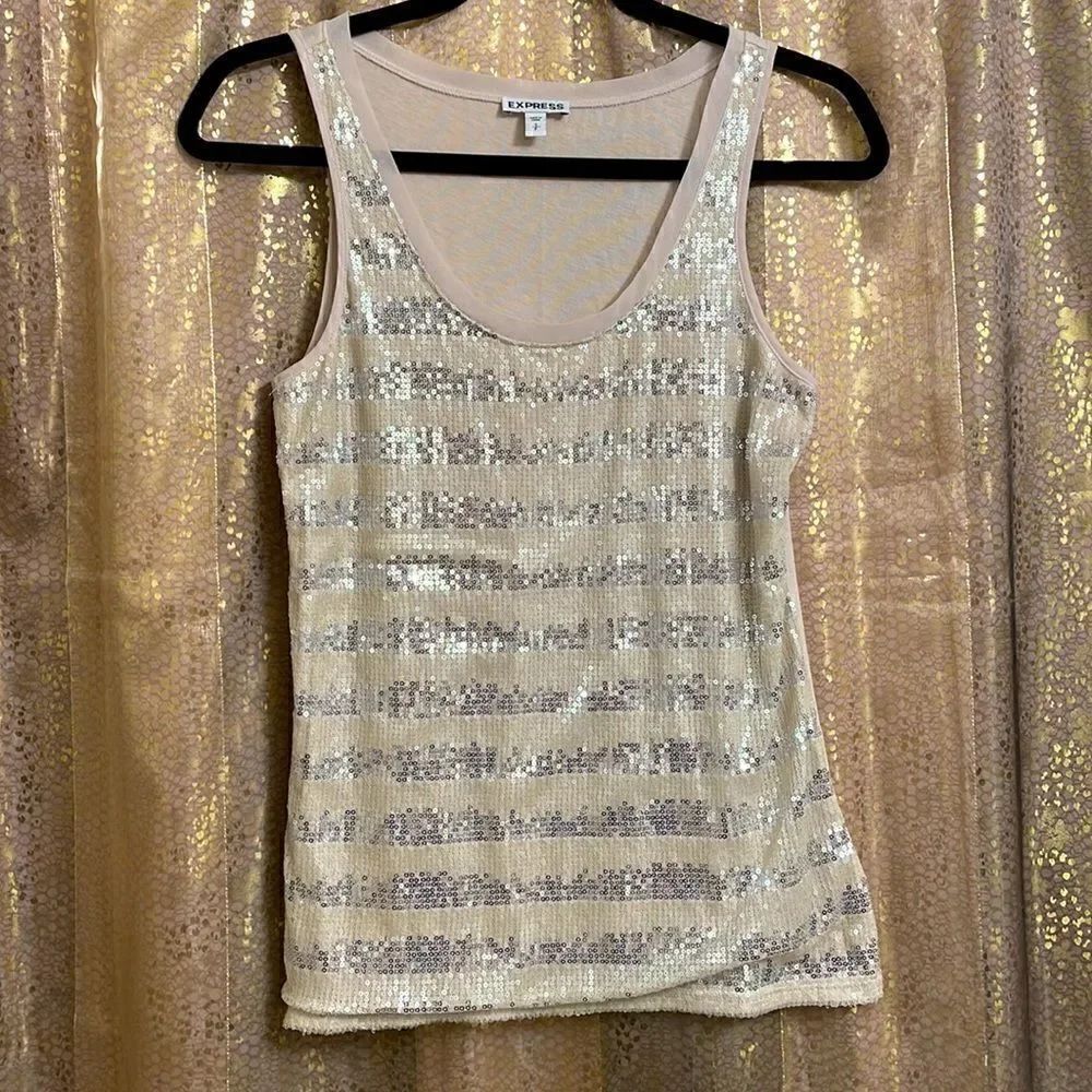 Express ivory and silver sequin striped tanktop, size S